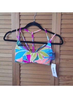 Hurley NWT Blue Pink Green Halter T Strap Bikini Top Size XSmall